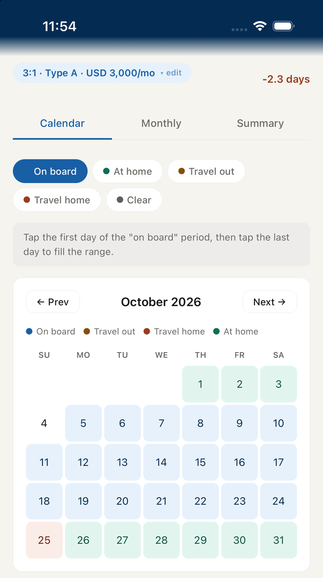 Calendar view with a month of on-board, travel, and at-home days marked