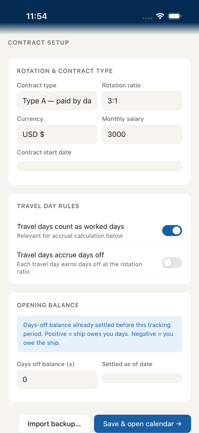 Contract setup screen — rotation ratio, currency, salary, and travel-day rules